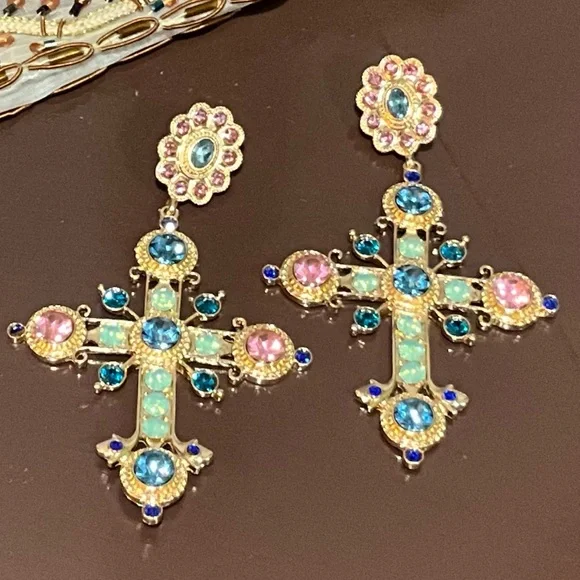 Elegant Gold and Teal Cross Earrings - Picture 6 of 7
